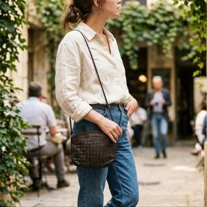 VINTAGE Dark Chocolate Brown Woven Leather Crossbody Bag